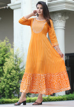 Thumbnail for VOJ Women's Orange Rayon Floral Embroidered & Printed Tiered Anarkali Kurta - Distacart