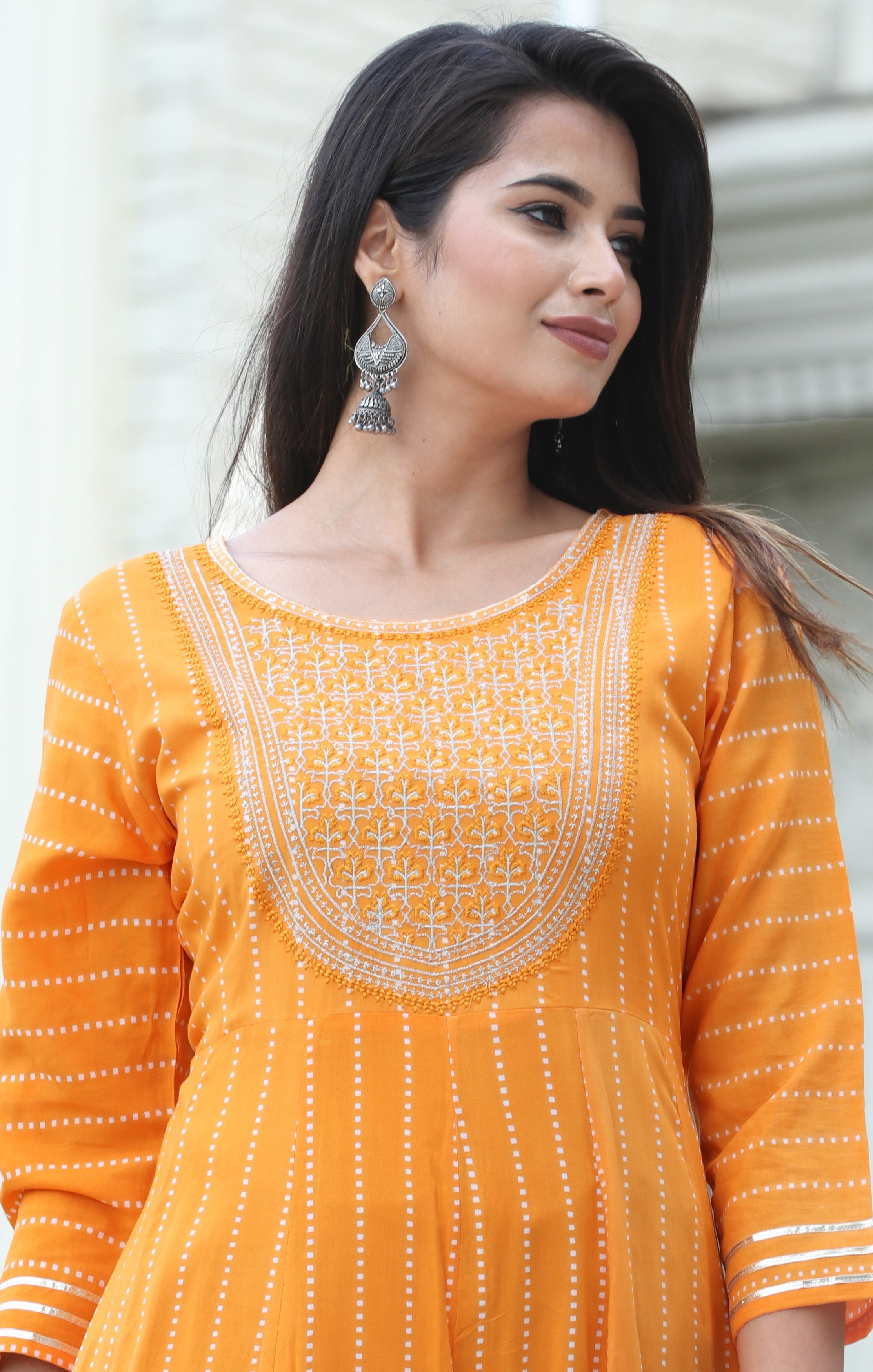 VOJ Women's Orange Rayon Floral Embroidered & Printed Tiered Anarkali Kurta - Distacart