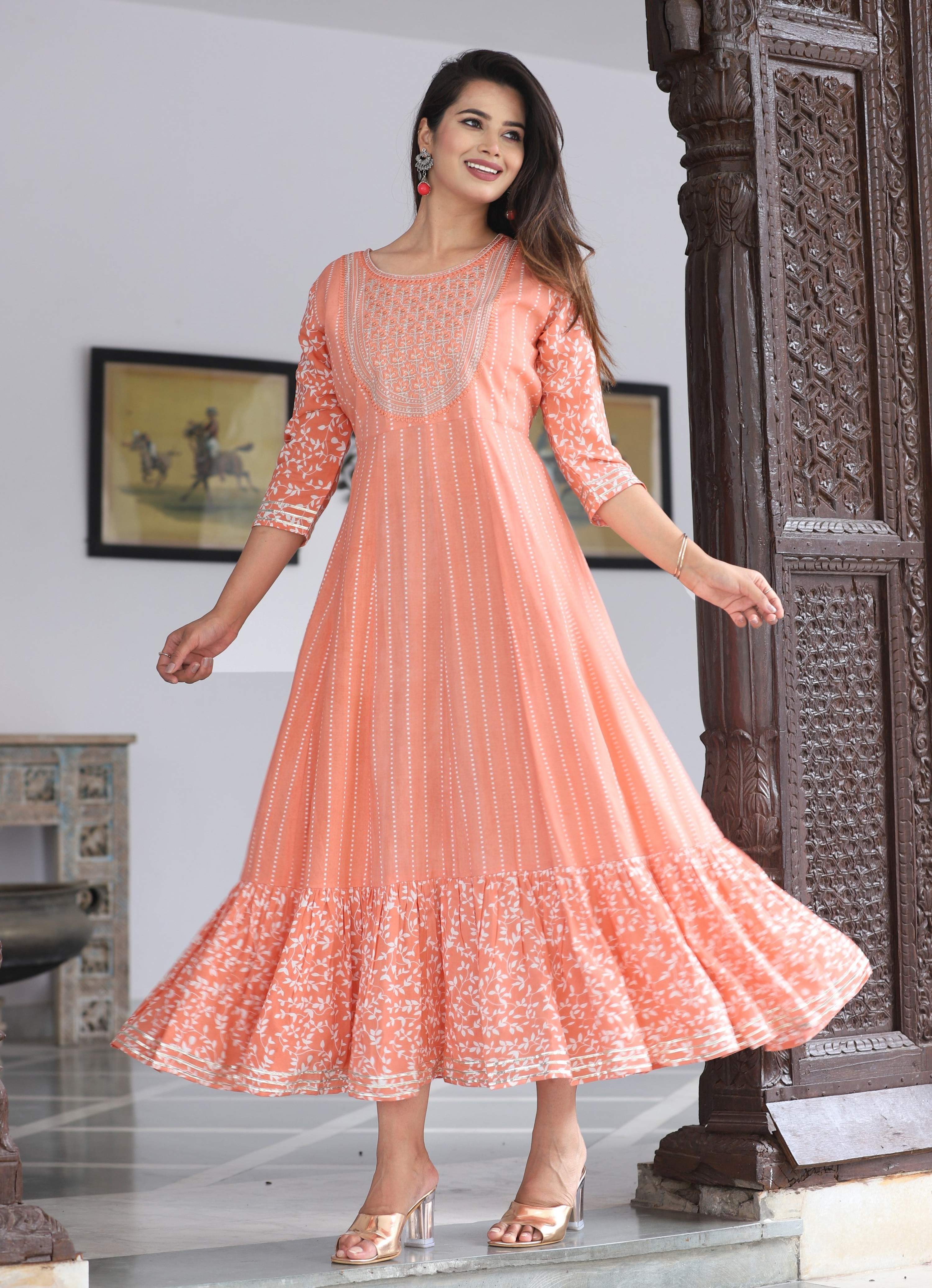 VOJ Women's Peach Rayon Floral Embroidered & Printed Tiered Anarkali Kurta - Distacart