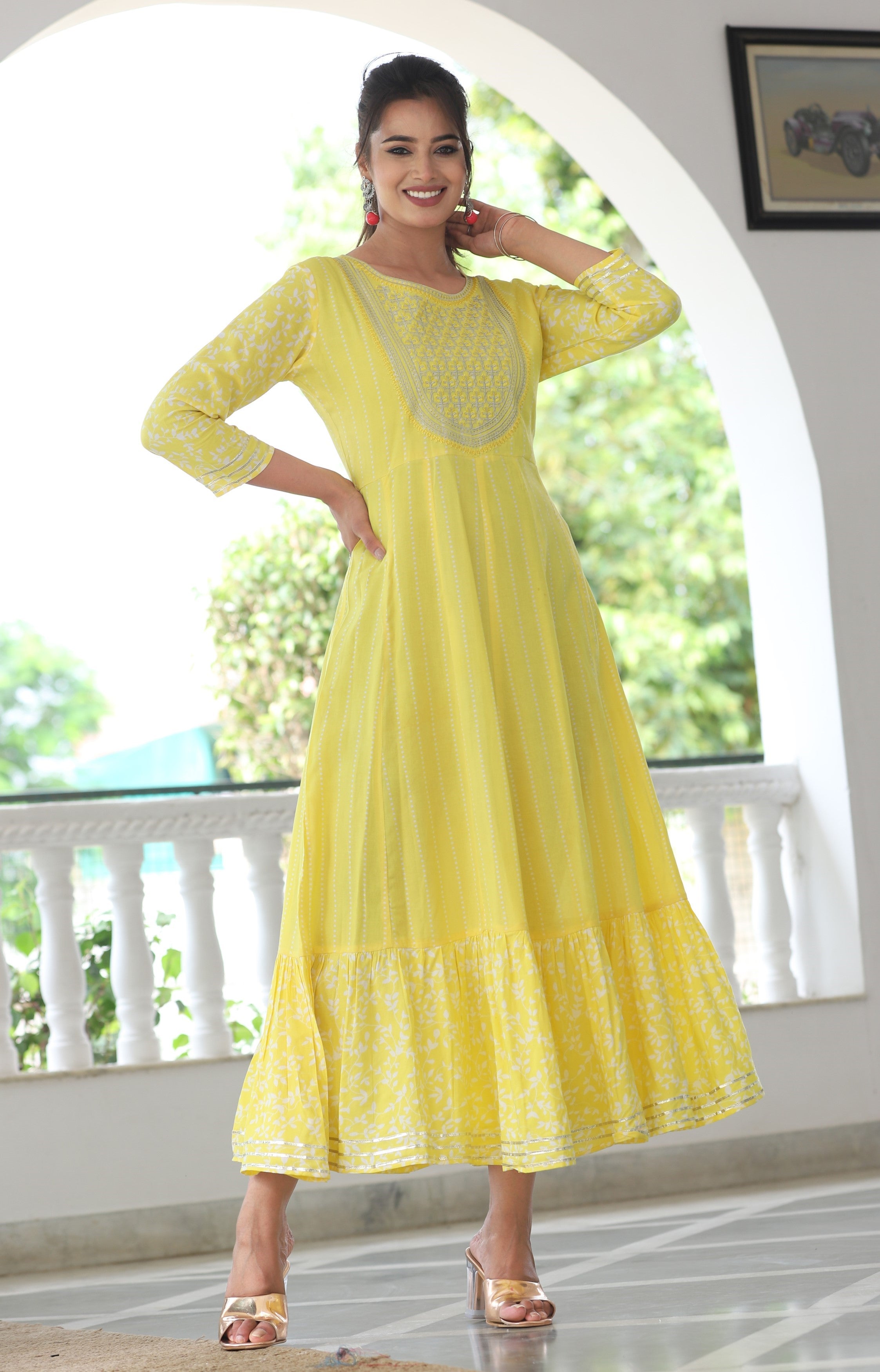 VOJ Women's Yellow Rayon Floral Embroidered & Printed Tiered Anarkali Kurta - Distacart