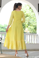 Thumbnail for VOJ Women's Yellow Rayon Floral Embroidered & Printed Tiered Anarkali Kurta - Distacart