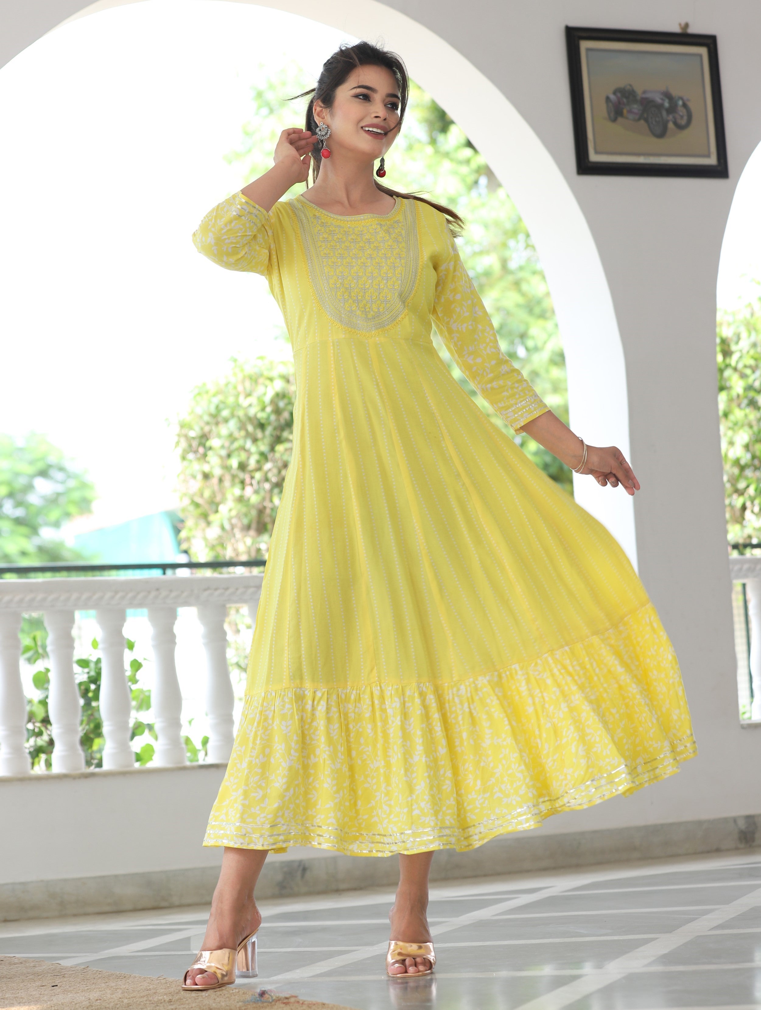 VOJ Women's Yellow Rayon Floral Embroidered & Printed Tiered Anarkali Kurta - Distacart