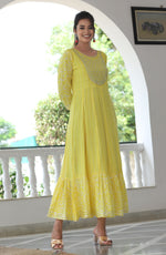 Thumbnail for VOJ Women's Yellow Rayon Floral Embroidered & Printed Tiered Anarkali Kurta - Distacart