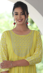 Thumbnail for VOJ Women's Yellow Rayon Floral Embroidered & Printed Tiered Anarkali Kurta - Distacart