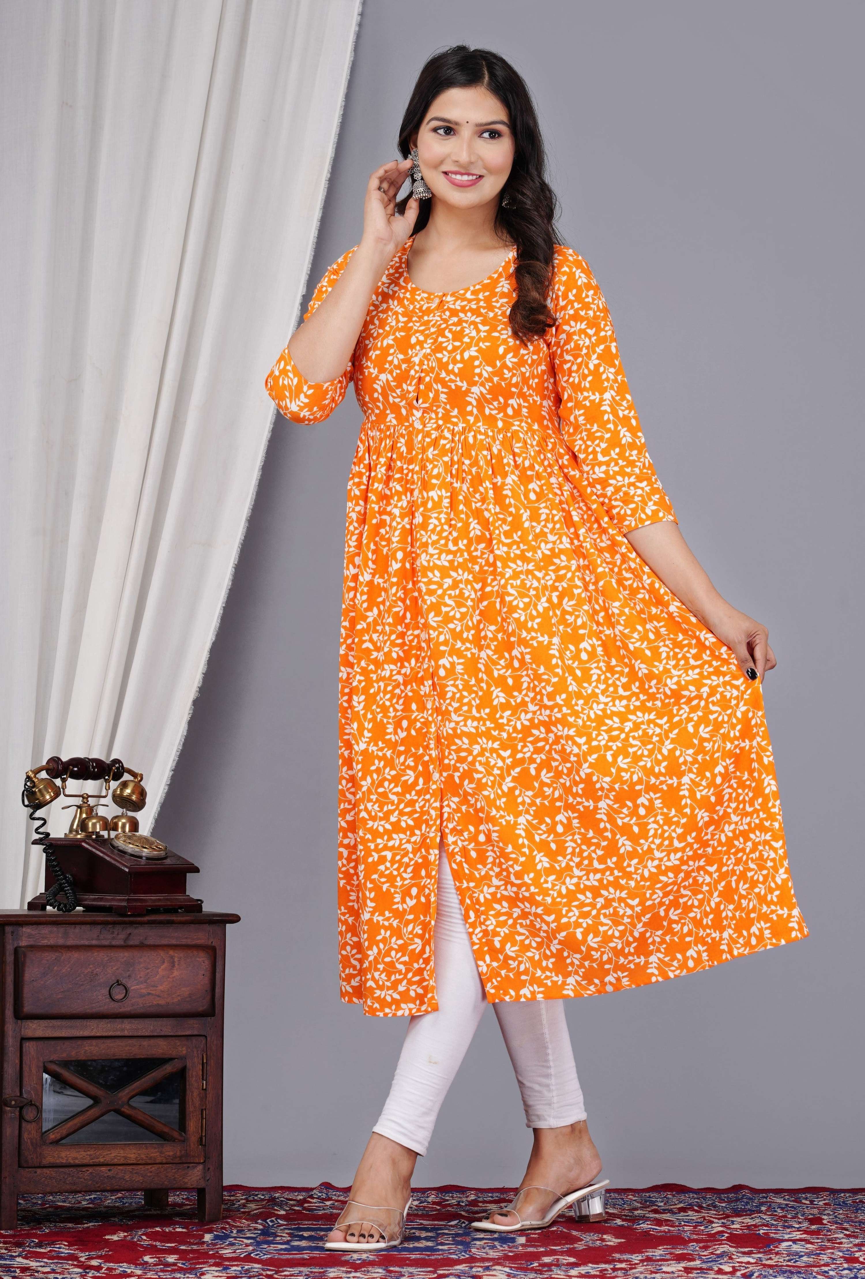 VOJ Women's Orange Rayon Floral Printed Frontsilt Anarkali Kurta - Distacart