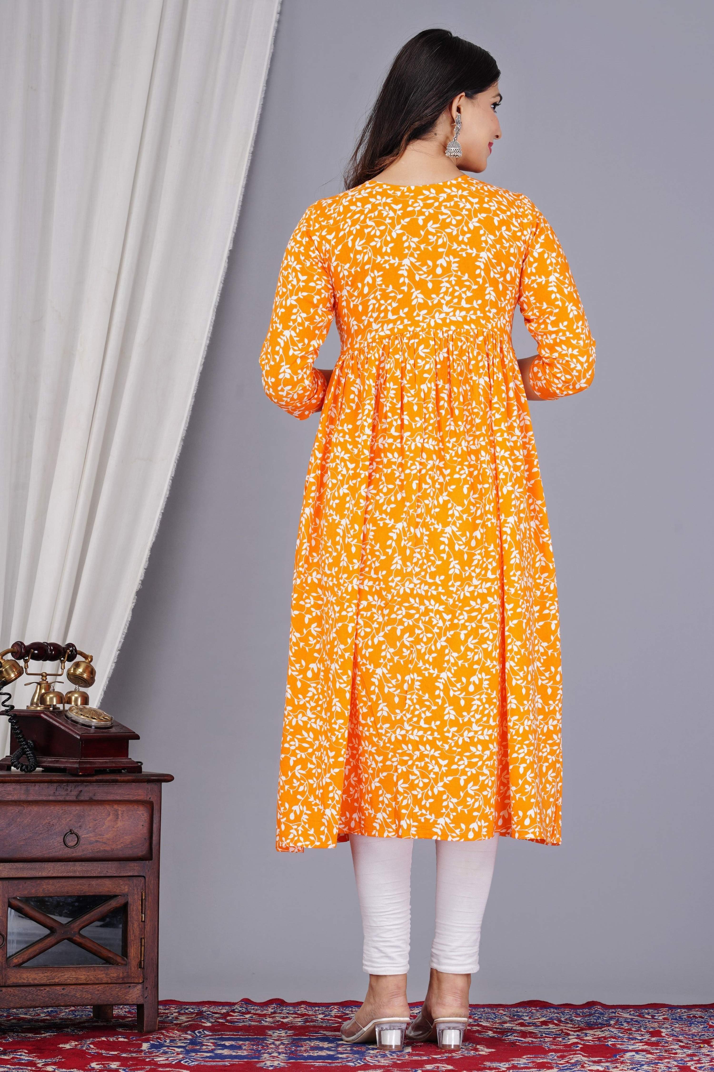 VOJ Women's Orange Rayon Floral Printed Frontsilt Anarkali Kurta - Distacart