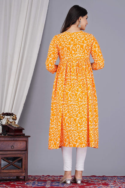 VOJ Women's Orange Rayon Floral Printed Frontsilt Anarkali Kurta - Distacart