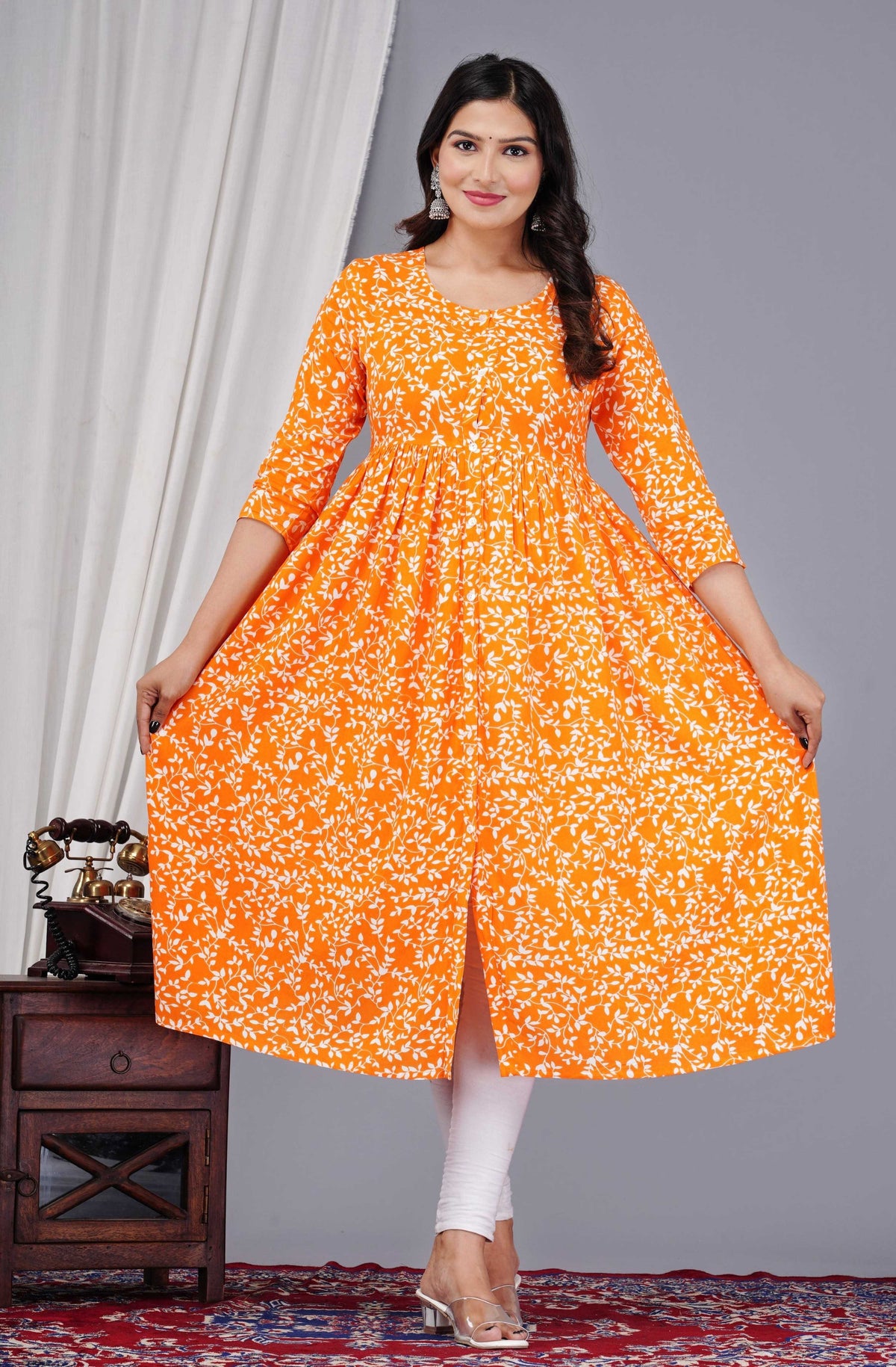 VOJ Women's Orange Rayon Floral Printed Frontsilt Anarkali Kurta - Distacart