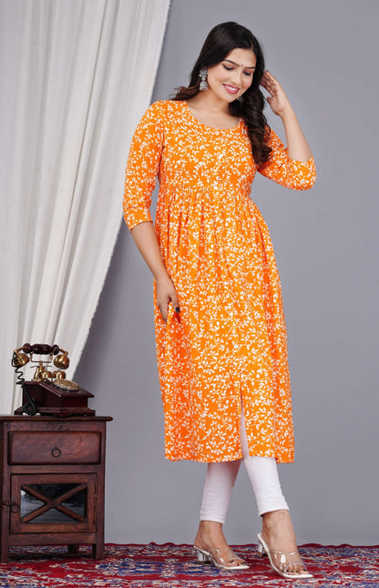 VOJ Women's Orange Rayon Floral Printed Frontsilt Anarkali Kurta - Distacart