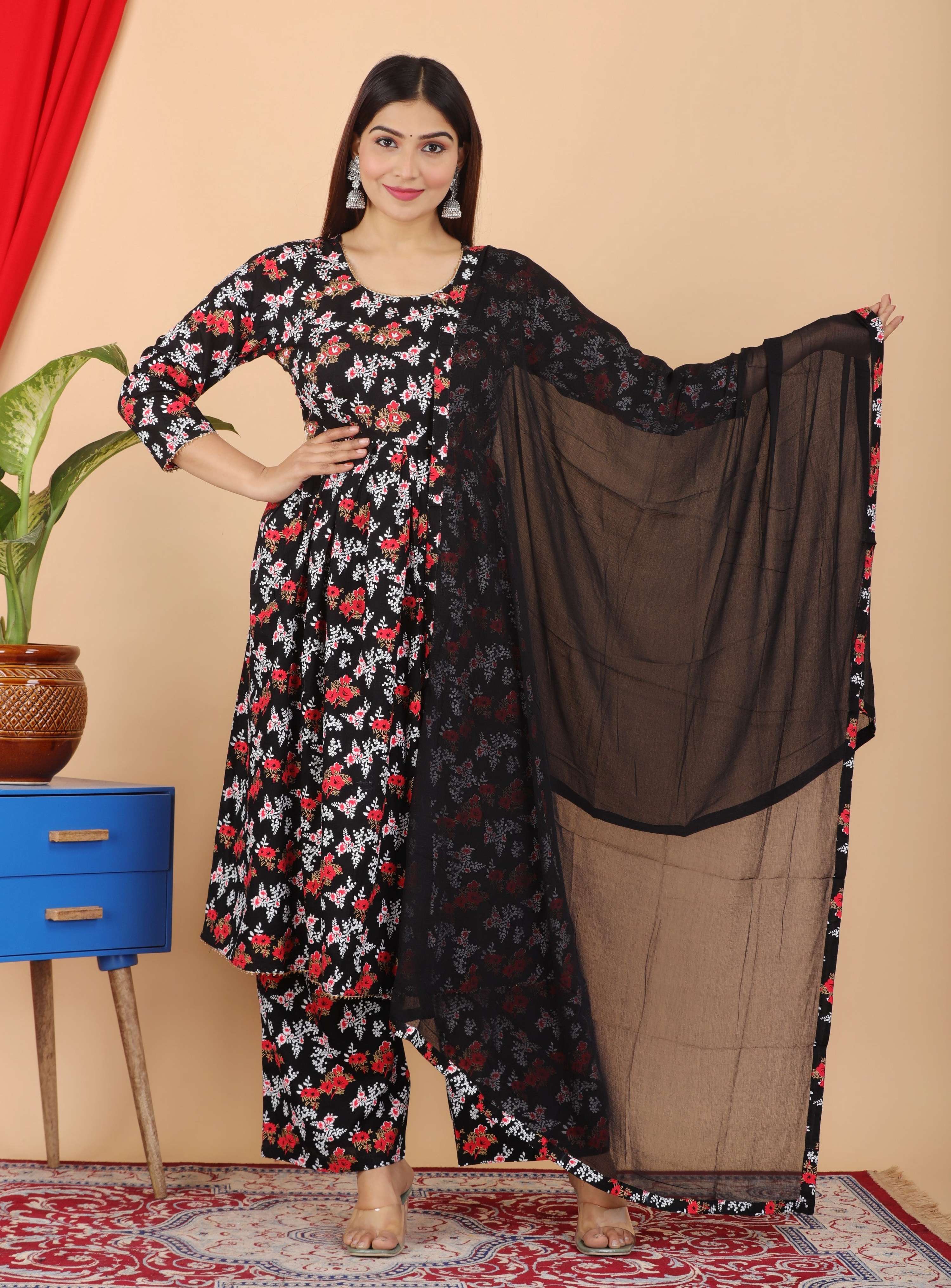 VOJ Women's Black Rayon Floral Print Kurta, Pant & Dupatta Set (Umbrella Cut) - Distacart