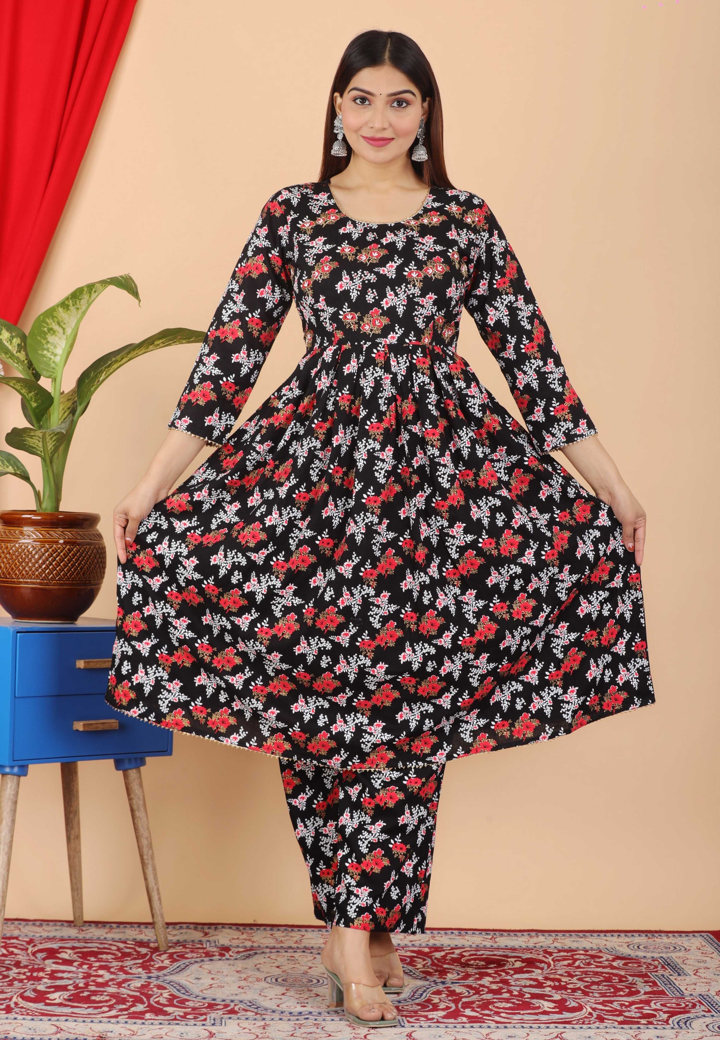 VOJ Women's Black Rayon Floral Print Kurta, Pant & Dupatta Set (Umbrella Cut) - Distacart