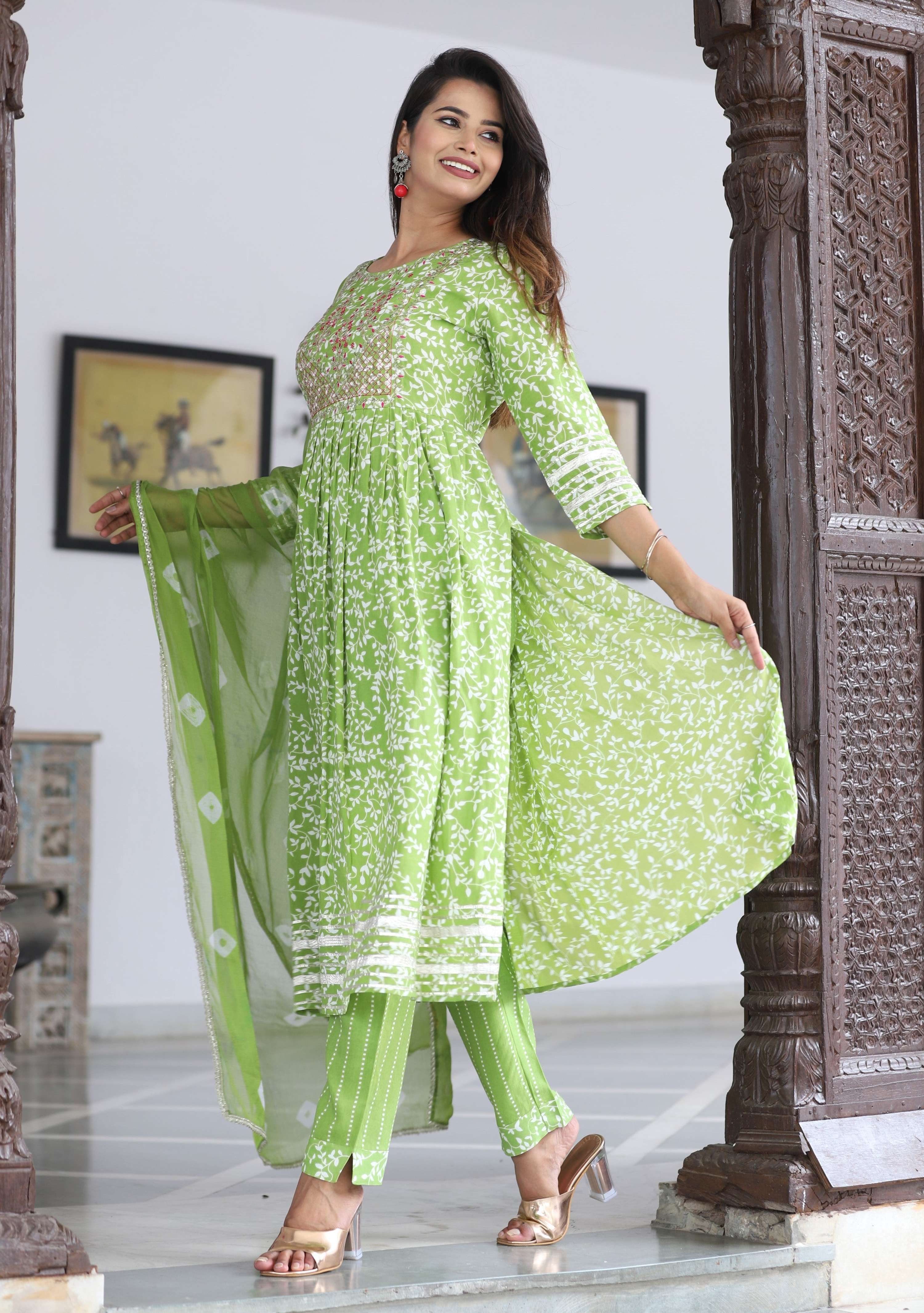 VOJ Women's Mint Rayon Embroidered Kurta Pant & Dupatta Set (Naira Cut) - Distacart