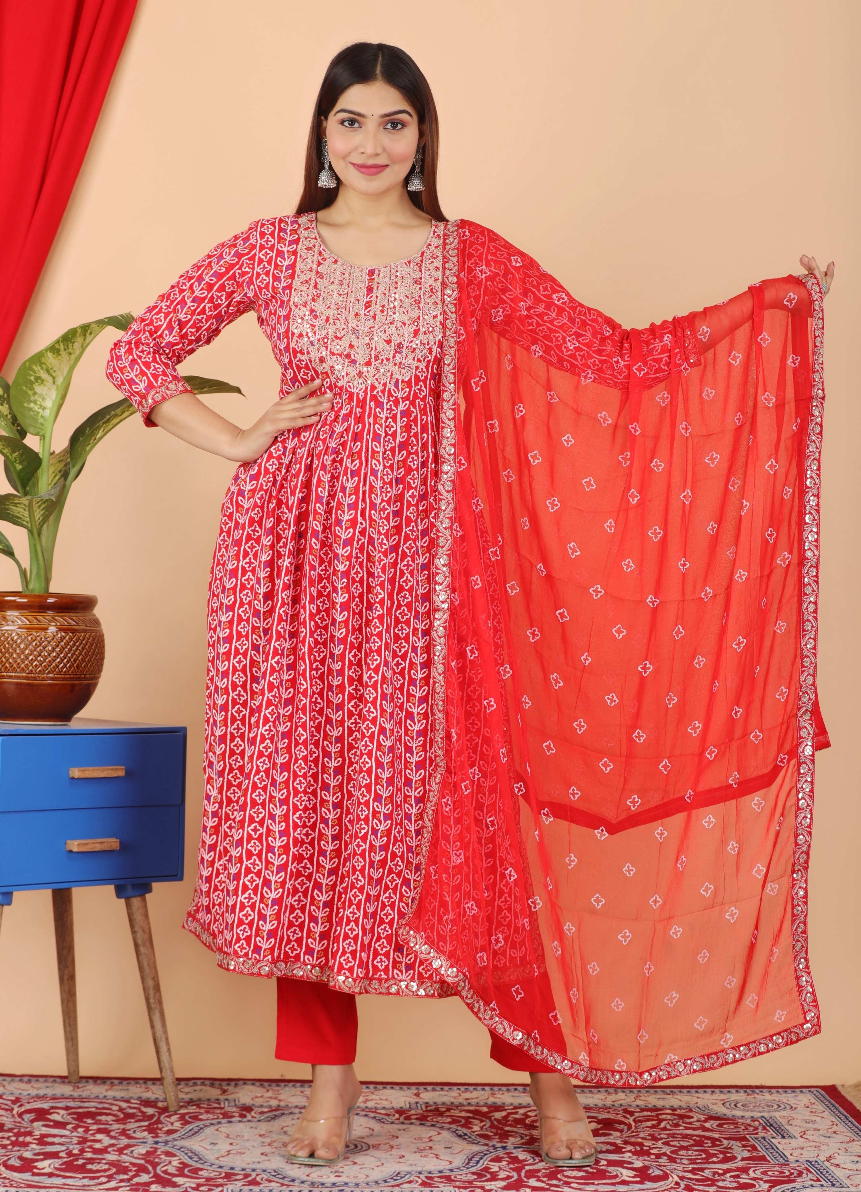 VOJ Women's Red Rayon Embroidered Kurta Pant & Dupatta Set (Naira Cut) - Distacart