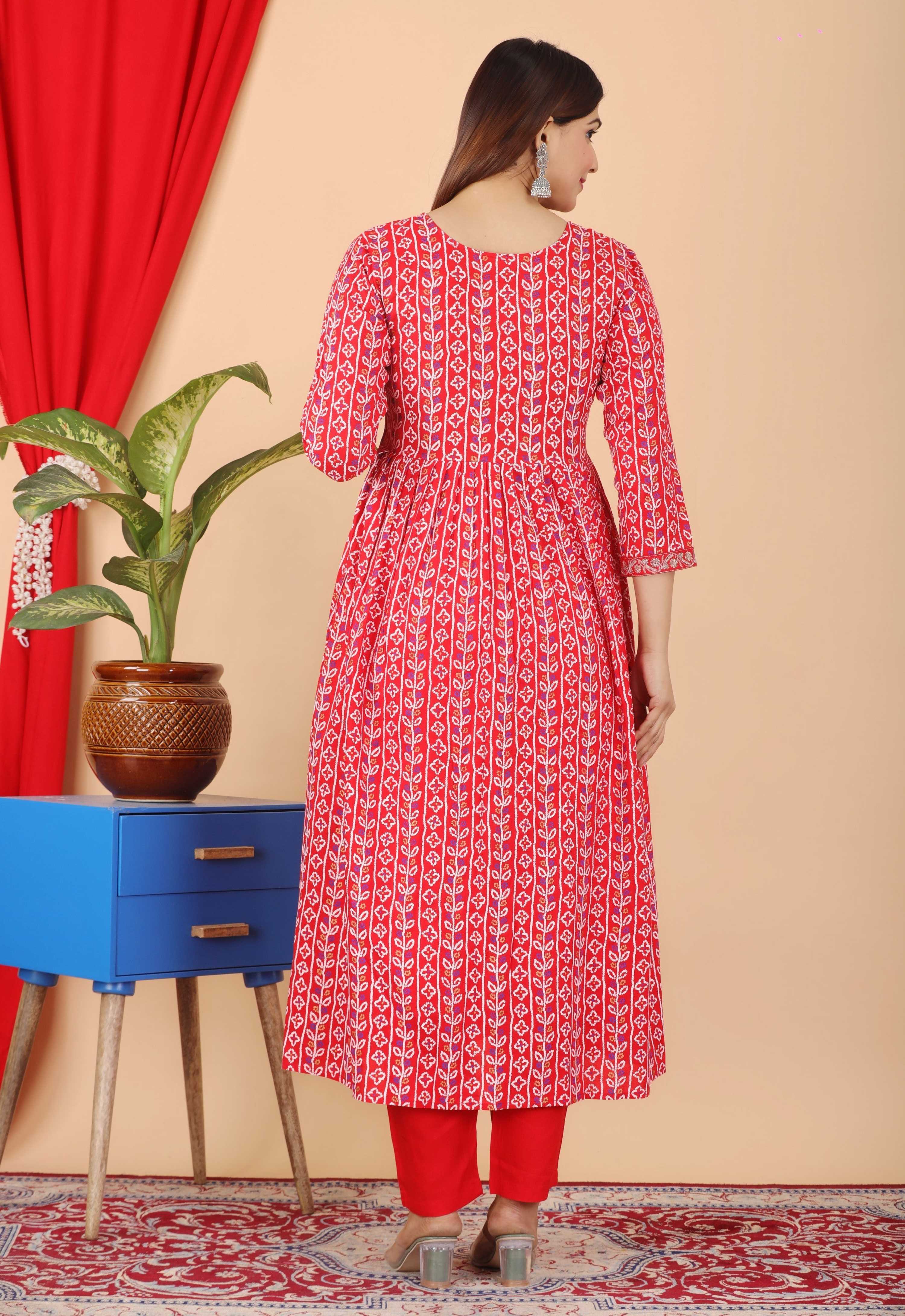 VOJ Women's Red Rayon Embroidered Kurta Pant & Dupatta Set (Naira Cut) - Distacart