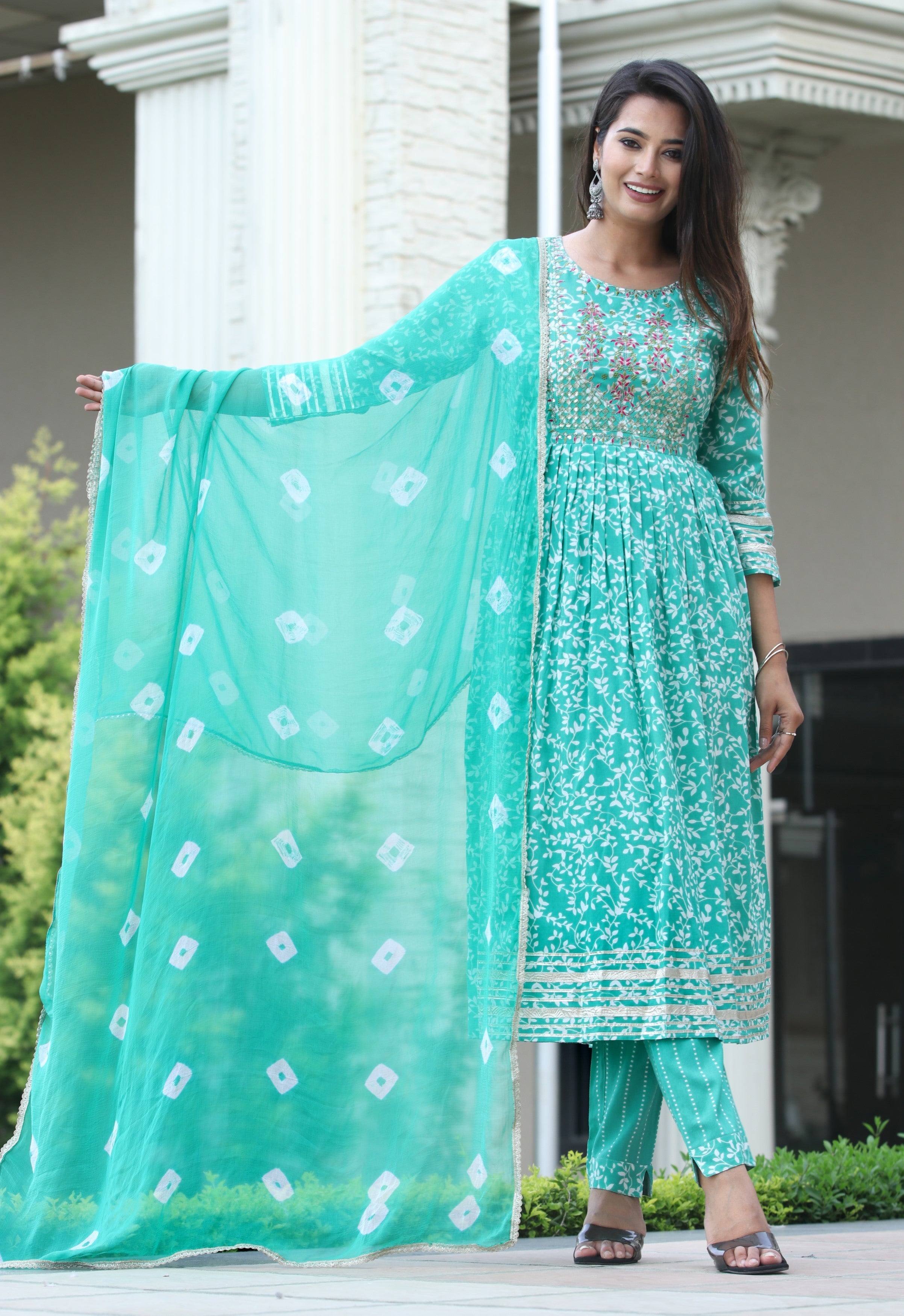 VOJ Women's Sege Green Rayon Embroidered Kurta Pant & Dupatta Set (Naira Cut) - Distacart