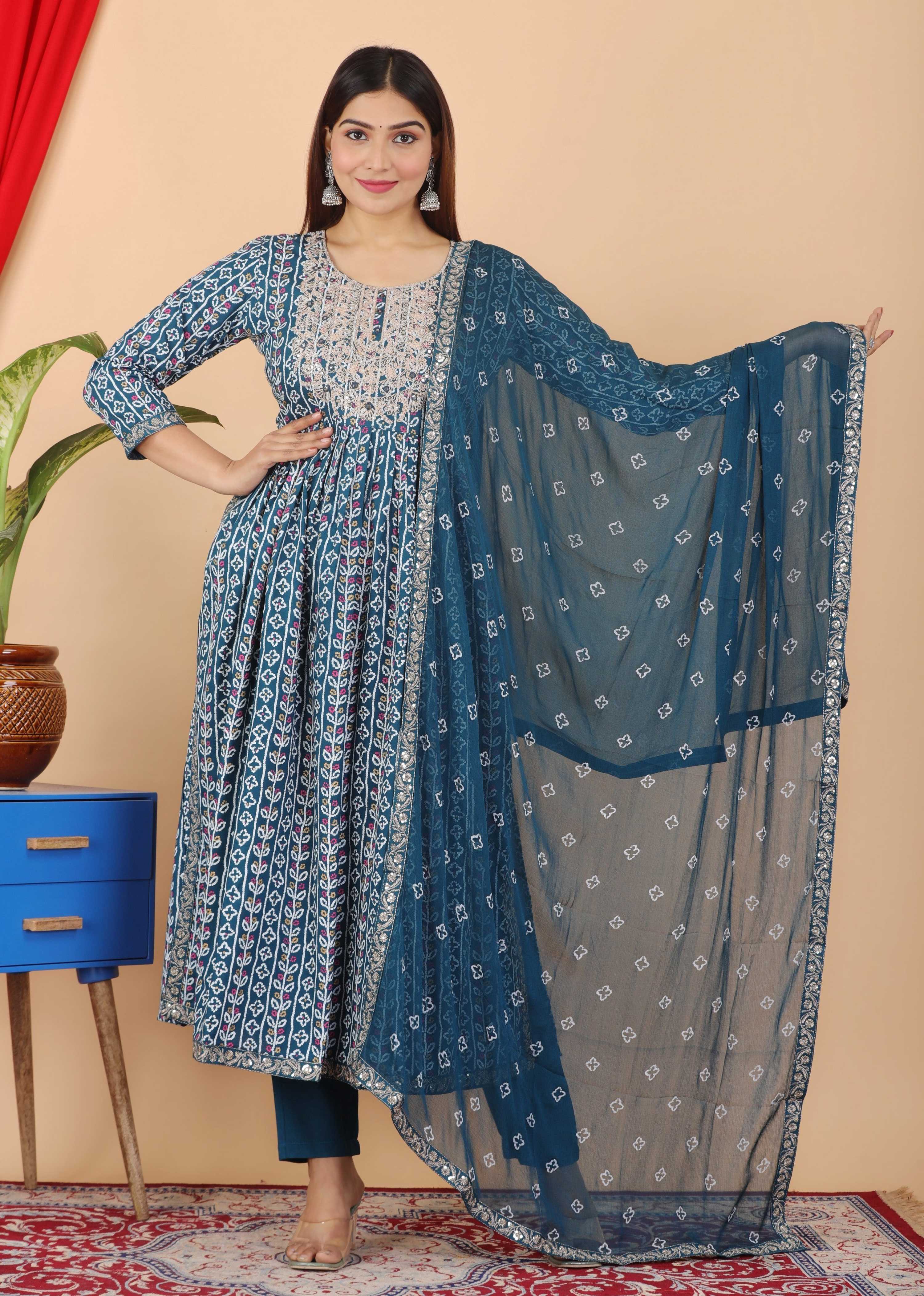 VOJ Women's Turquoise Rayon Embroidered Kurta Pant & Dupatta Set (Naira Cut) - Distacart