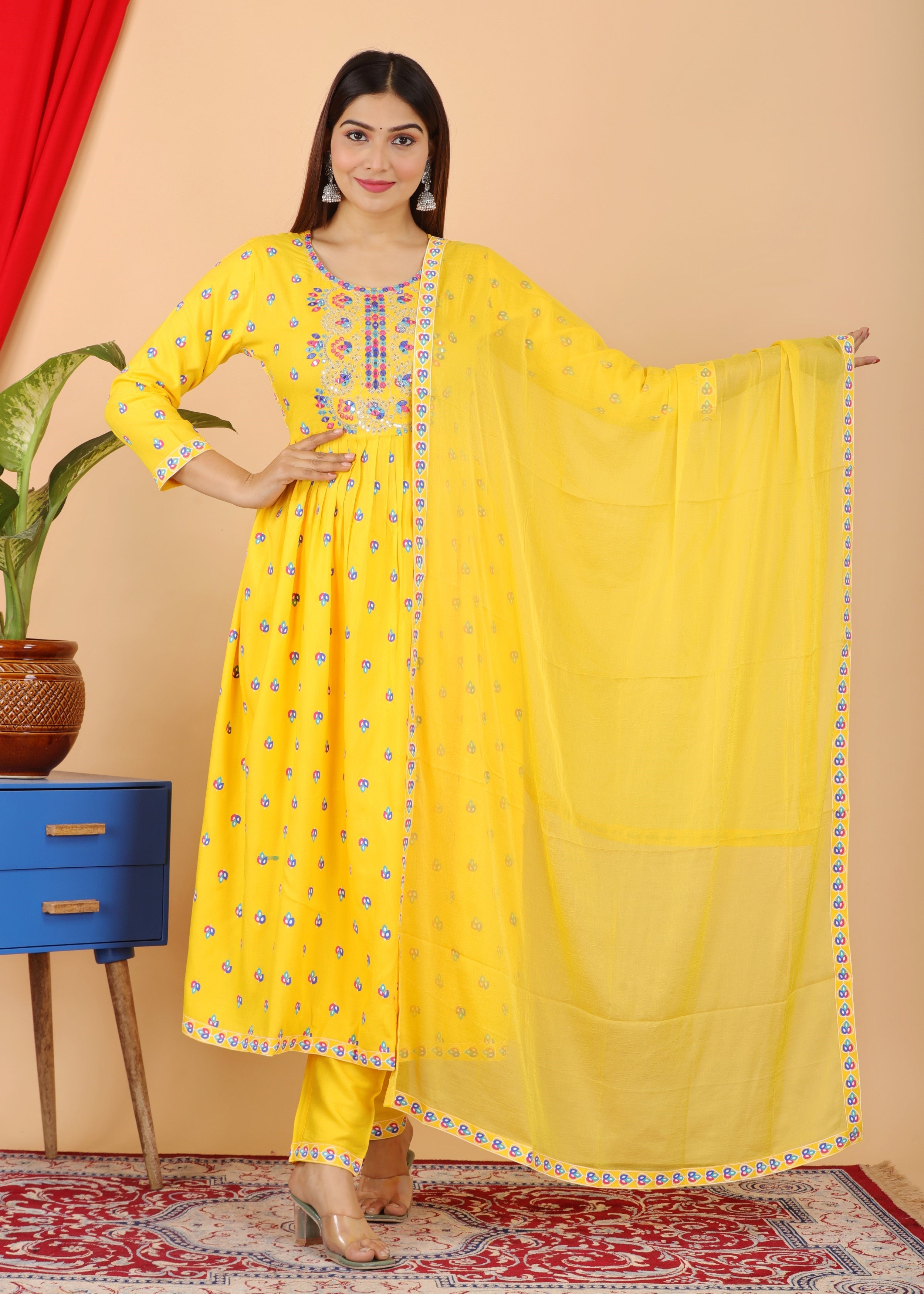 VOJ Women's Yellow Rayon Embroidered Kurta Pant & Dupatta Set (Naira Cut) - Distacart