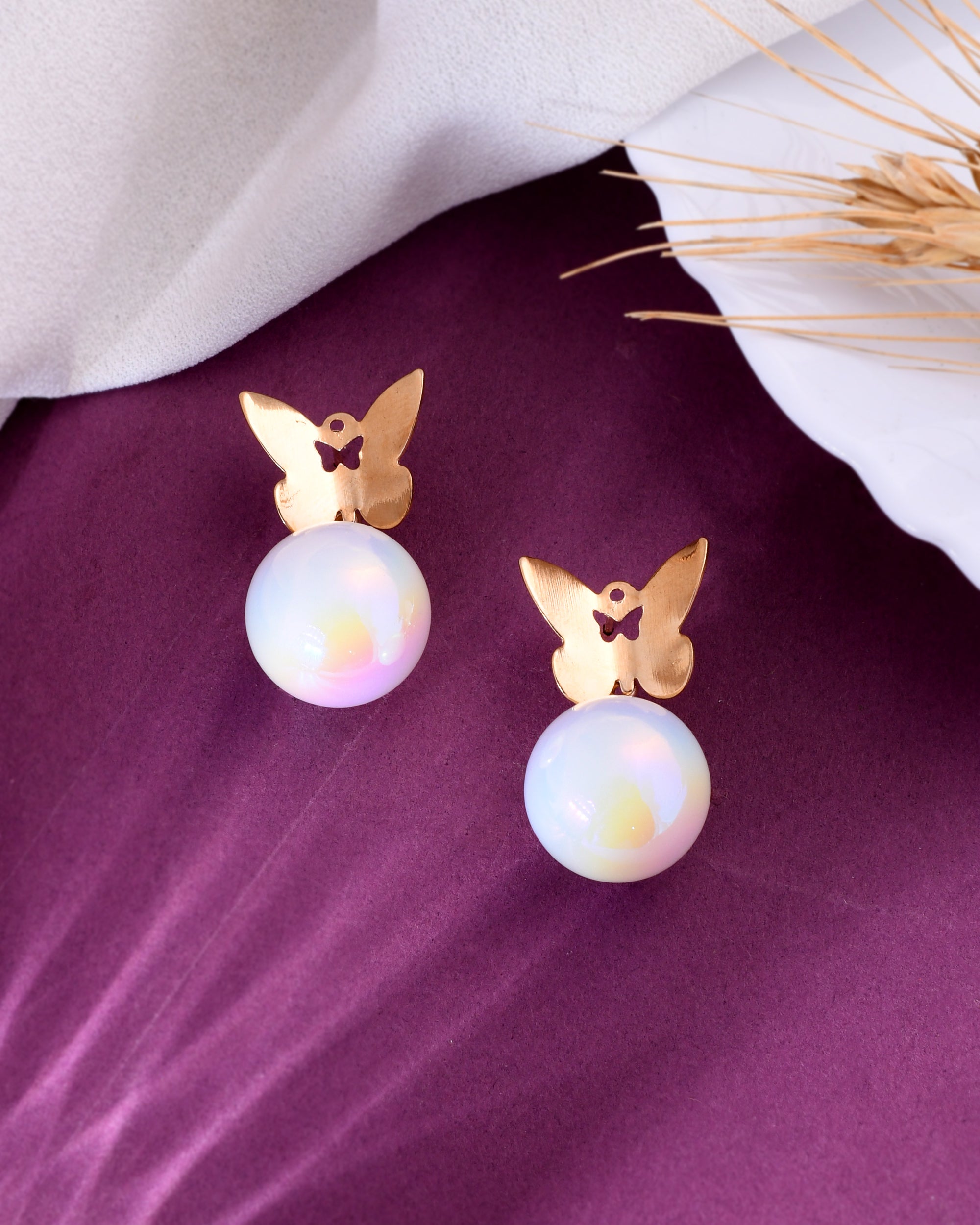VOJ Women Gold Plated Butterfly Pearl Studs Earrings - Distacart