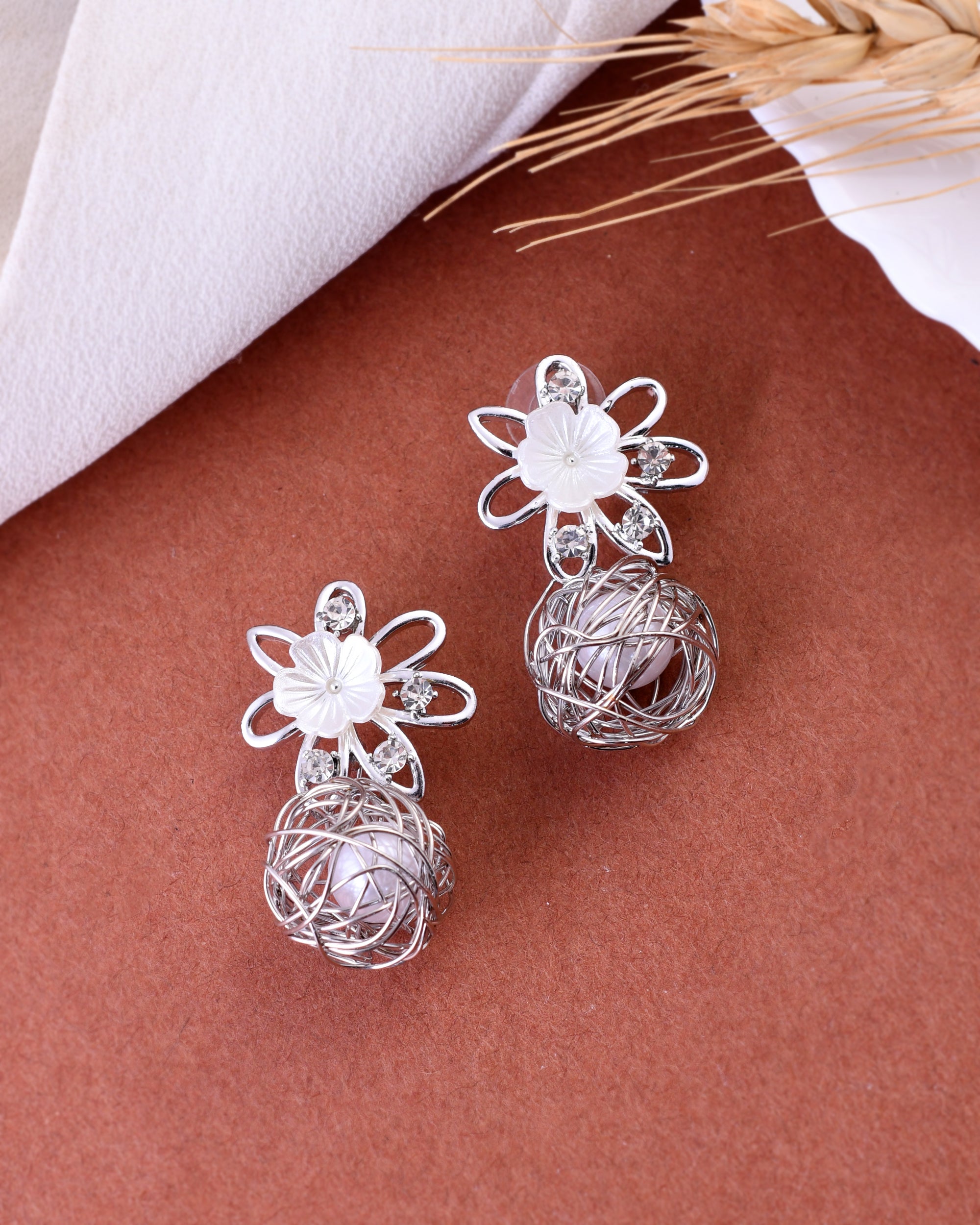 VOJ Women Silver Plated Flower Peral Studs Earrings - Distacart