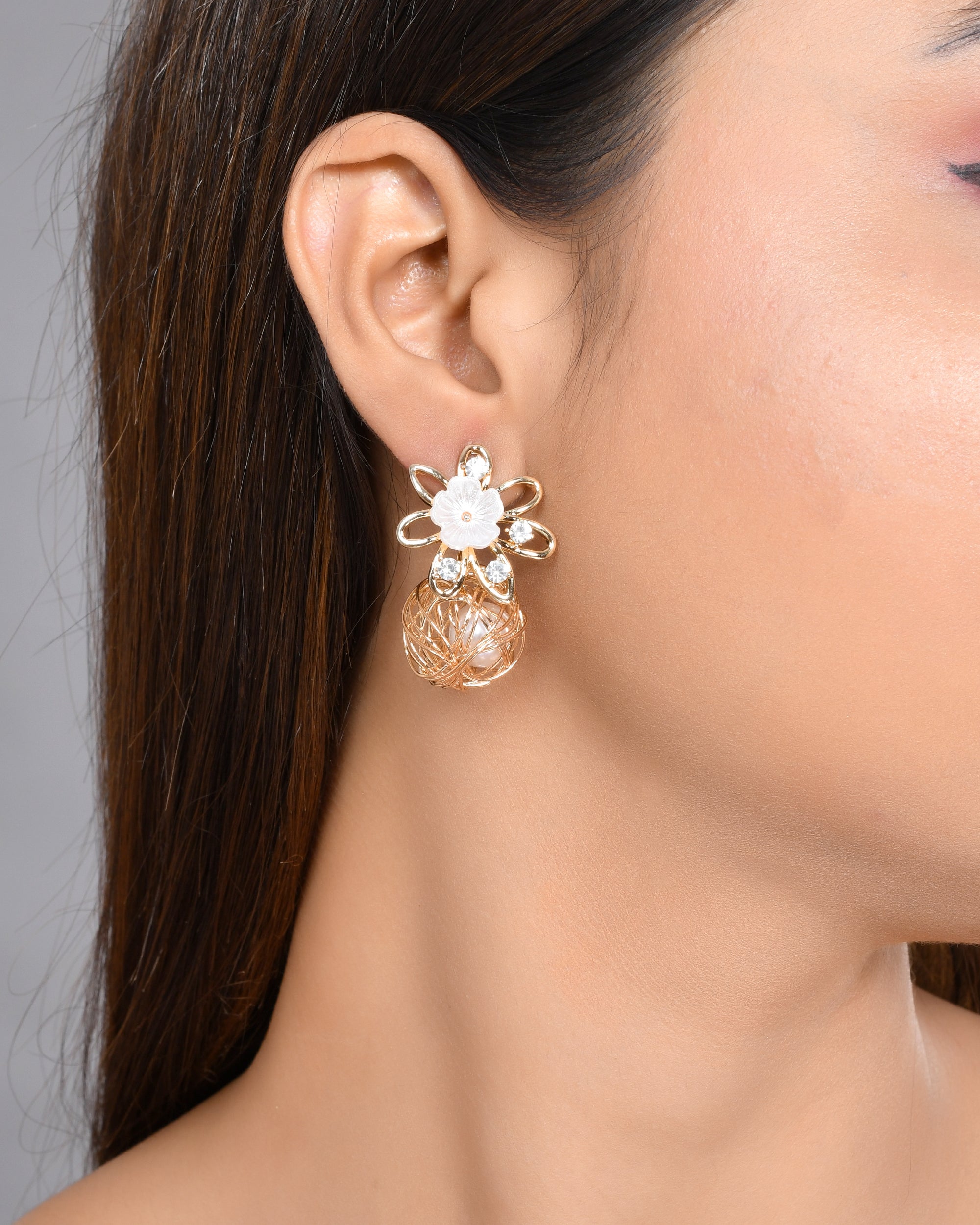 VOJ Women Gold Plated Flower Peral Studs Earrings - Distacart