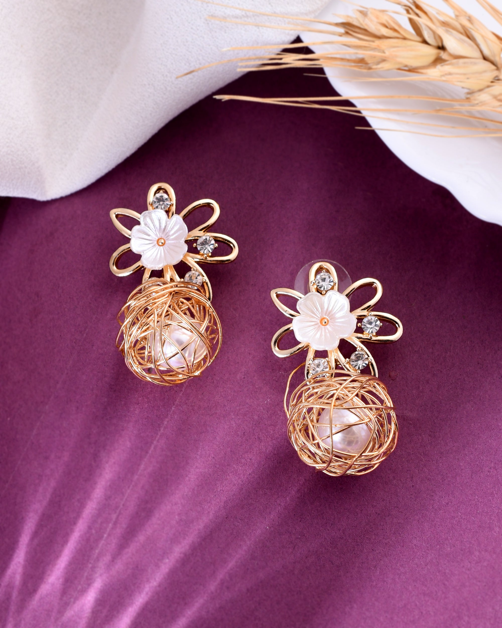 VOJ Women Gold Plated Flower Peral Studs Earrings - Distacart