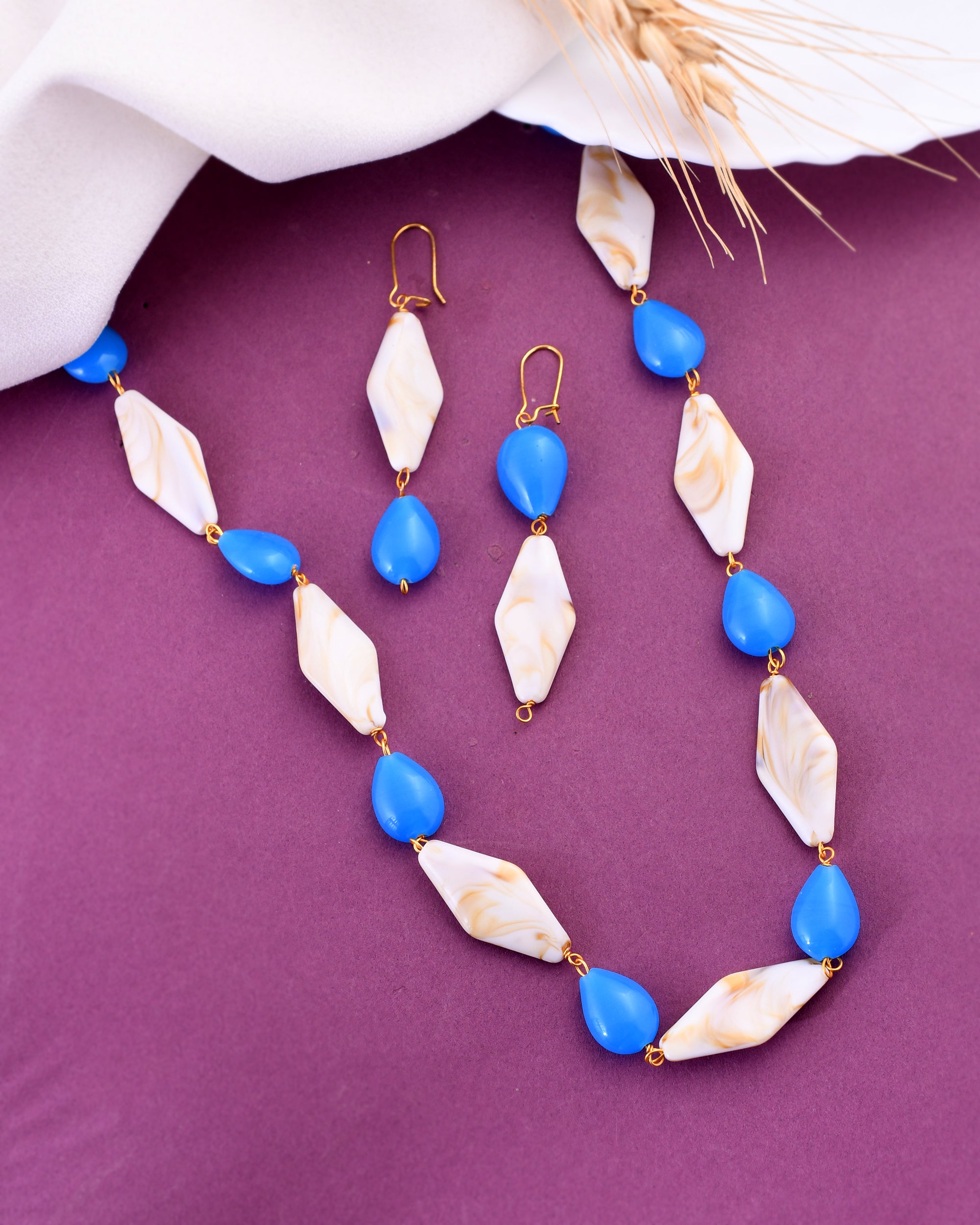 VOJ Women Sky Blue And White Beads Necklace And Earrings Set - Distacart