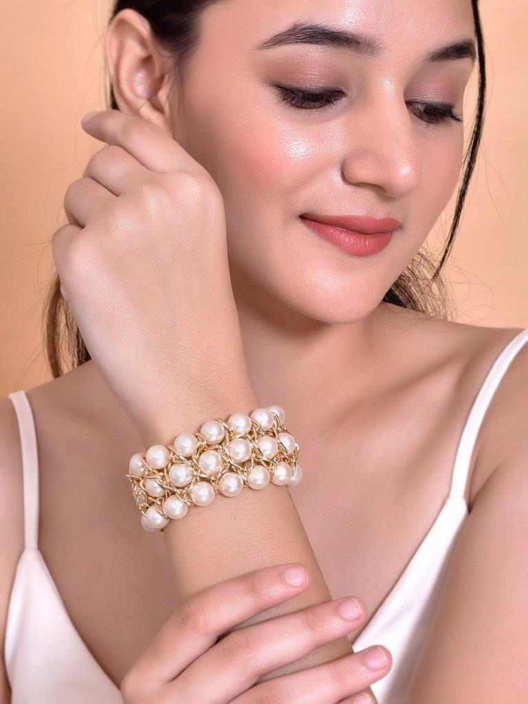 VOJ Women White and Gold Toned Pearls Gold Plated Multi Strand Bracelet - Distacart