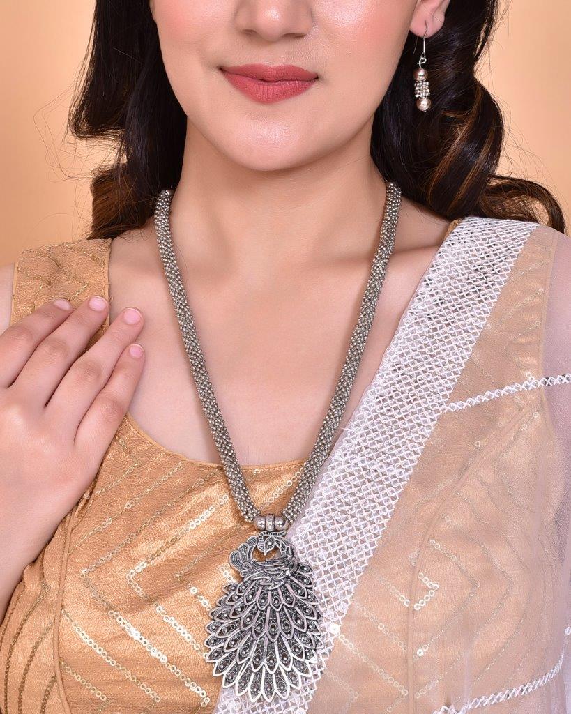 VOJ Women Oxidised Silver-Plated Peacock Jewellery Set - Distacart