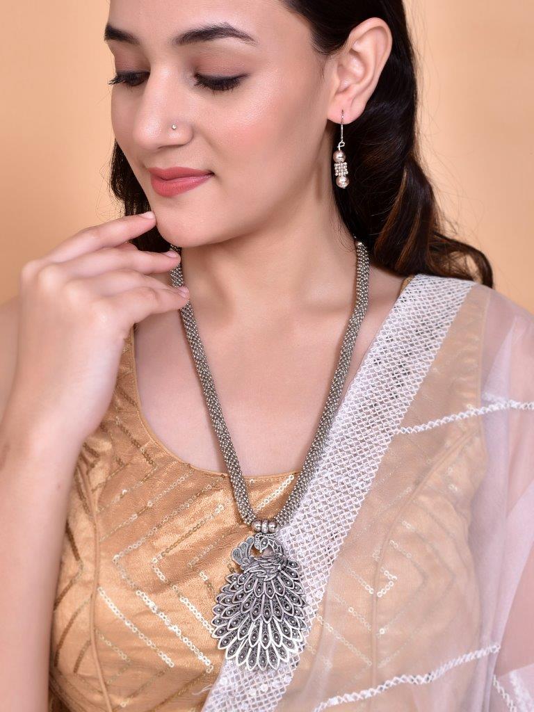 VOJ Women Oxidised Silver-Plated Peacock Jewellery Set - Distacart