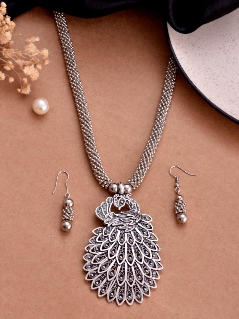 VOJ Women Oxidised Silver-Plated Peacock Jewellery Set - Distacart