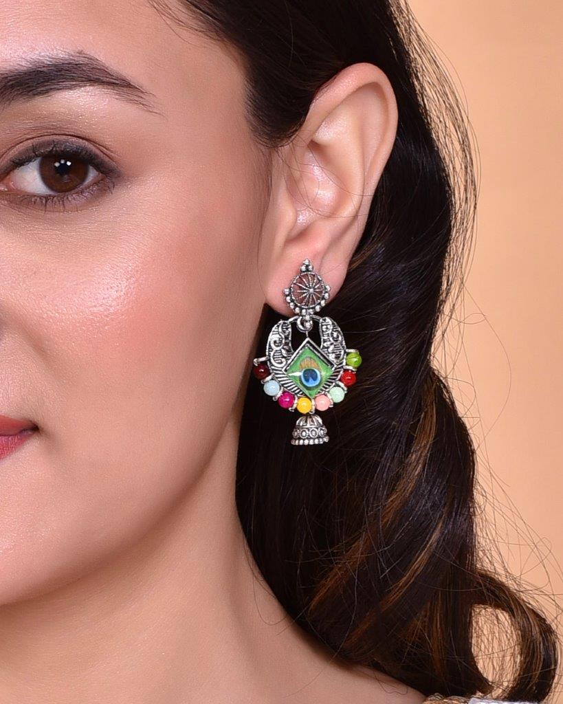 VOJ Silver Plated Peacock Contemporay Jhumka Earrings - Distacart