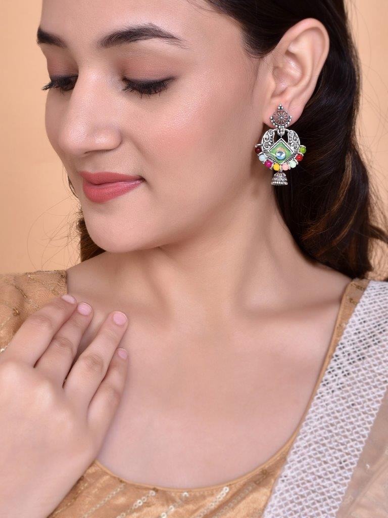 VOJ Silver Plated Peacock Contemporay Jhumka Earrings - Distacart