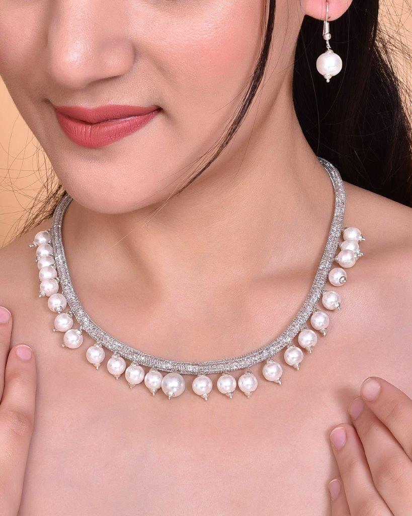 VOJ Silver Plated Pearls and AD-Studded Necklace & Earrings - Distacart