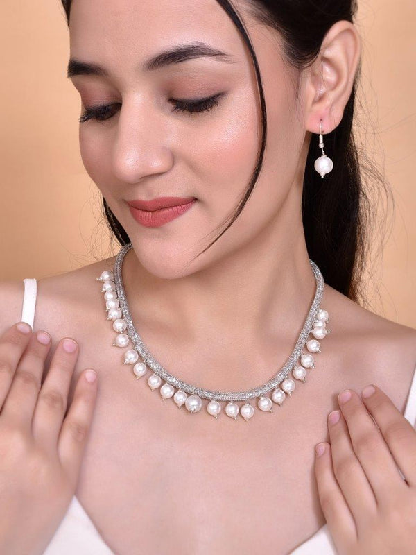 VOJ Silver Plated Baby Pink AD Stone Studded Designer Jewellery Set With Mangtikka