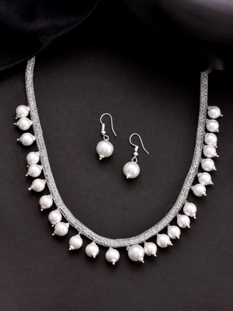 VOJ Silver Plated Pearls and AD-Studded Necklace & Earrings - Distacart