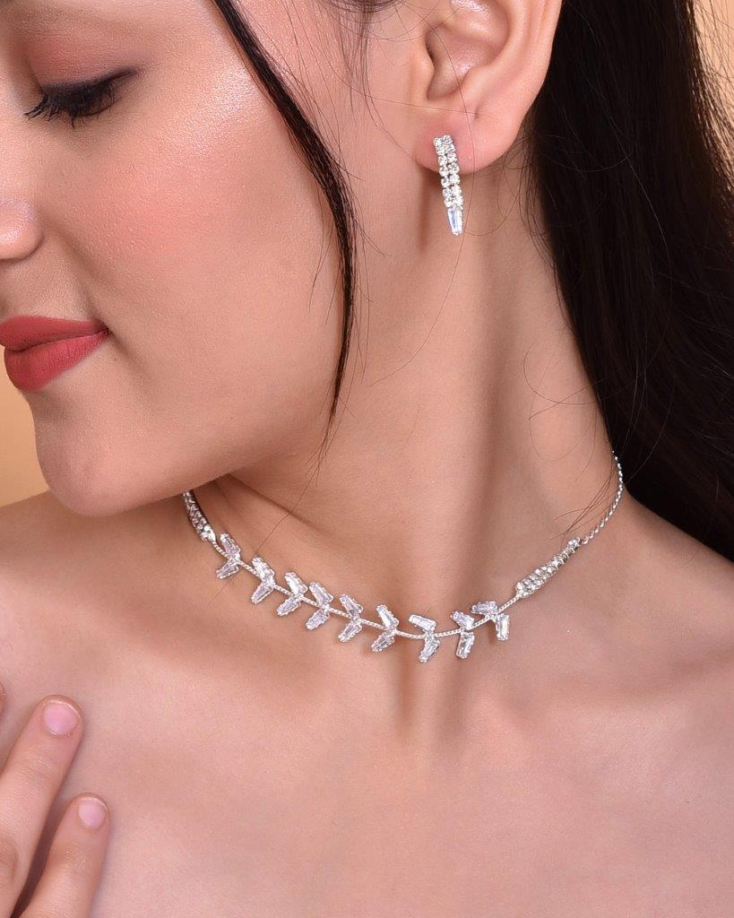 VOJ Silver Plated AD-Studded Necklace & Earrings Set - Distacart