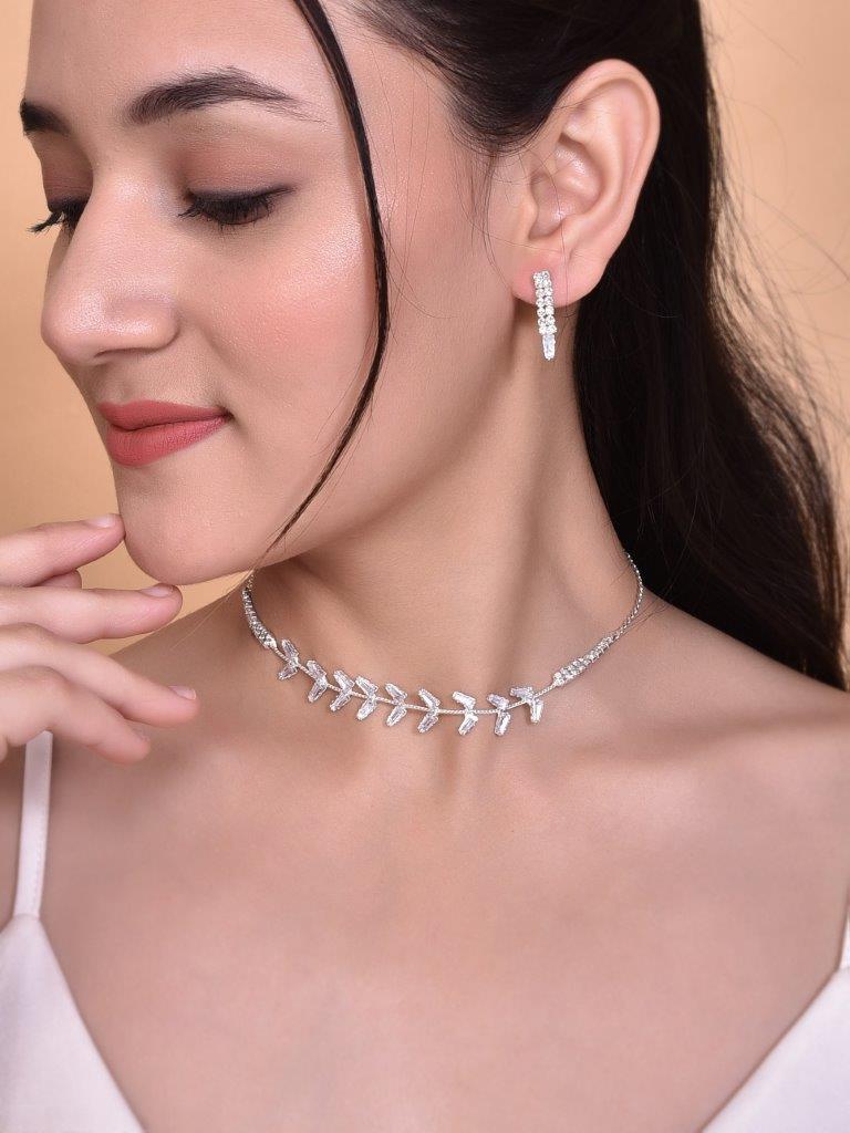 VOJ Silver Plated AD-Studded Necklace & Earrings Set - Distacart