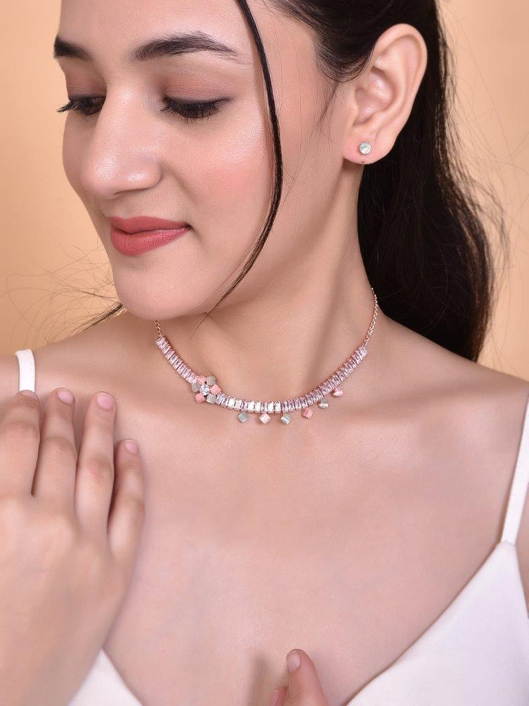 VOJ Rose Gold Plated AD-Studded Necklace & Earrings - Distacart