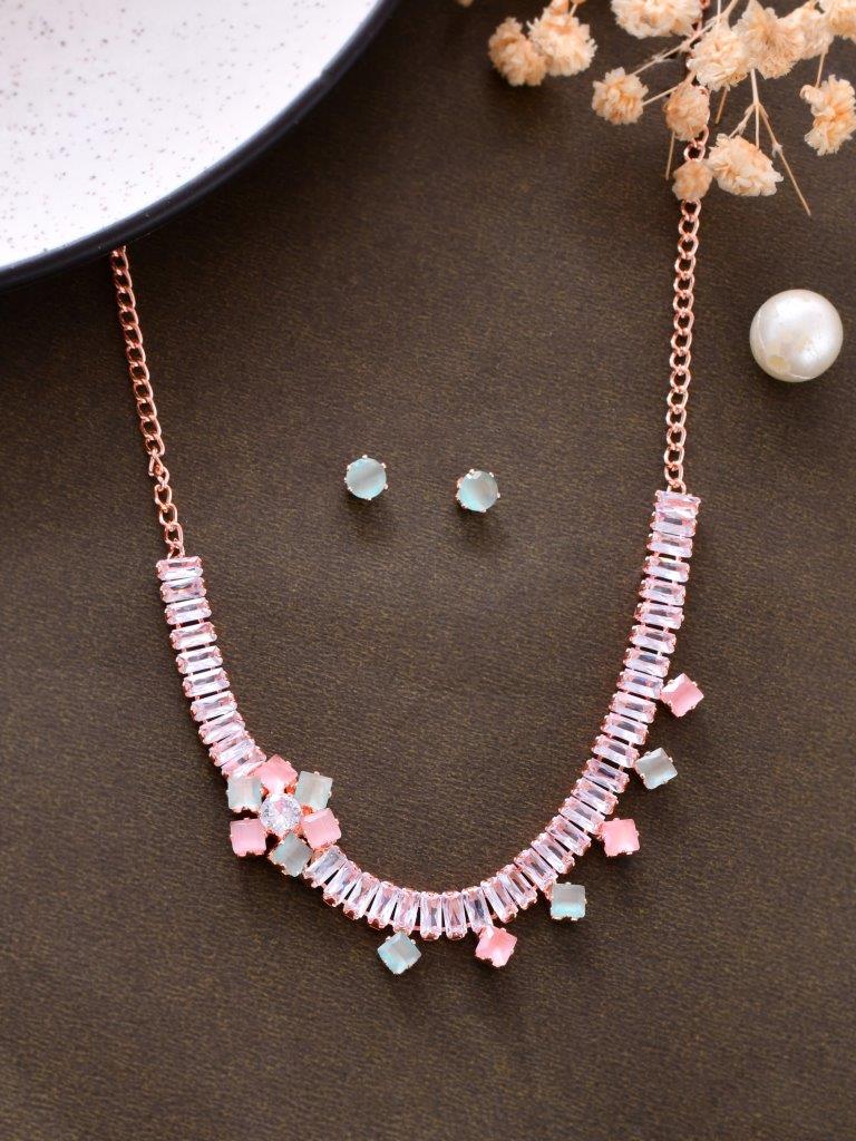 VOJ Rose Gold Plated AD-Studded Necklace & Earrings - Distacart