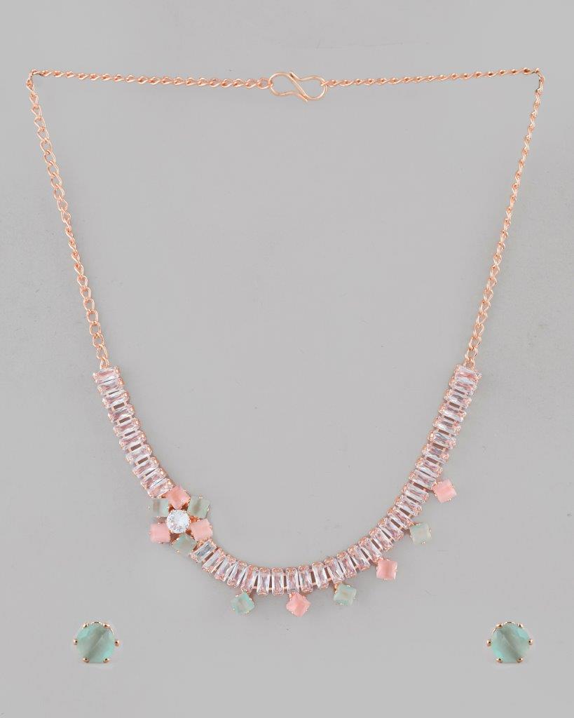 VOJ Rose Gold Plated AD-Studded Necklace & Earrings - Distacart
