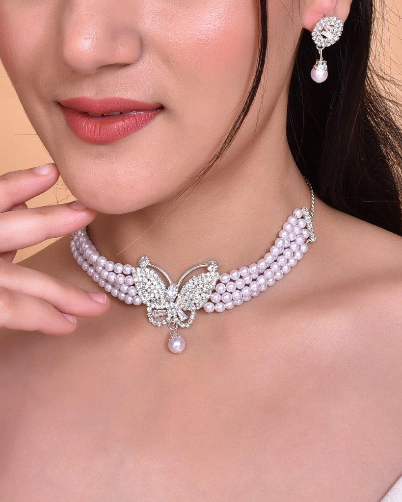 VOJ Gold Plated Kundan Studsed And Beaded Choker Necklace and Earring Set - Distacart