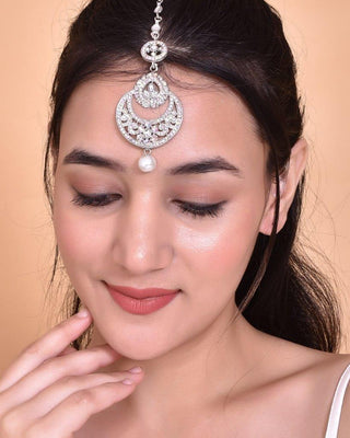 VOJ Silver Plated White AD-Studded Handcrafted Maang Tikka - Distacart