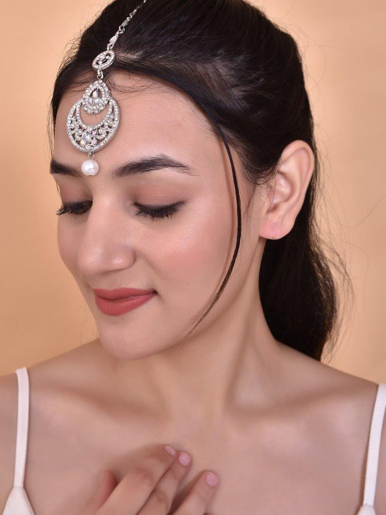 VOJ Silver Plated White AD-Studded Handcrafted Maang Tikka - Distacart