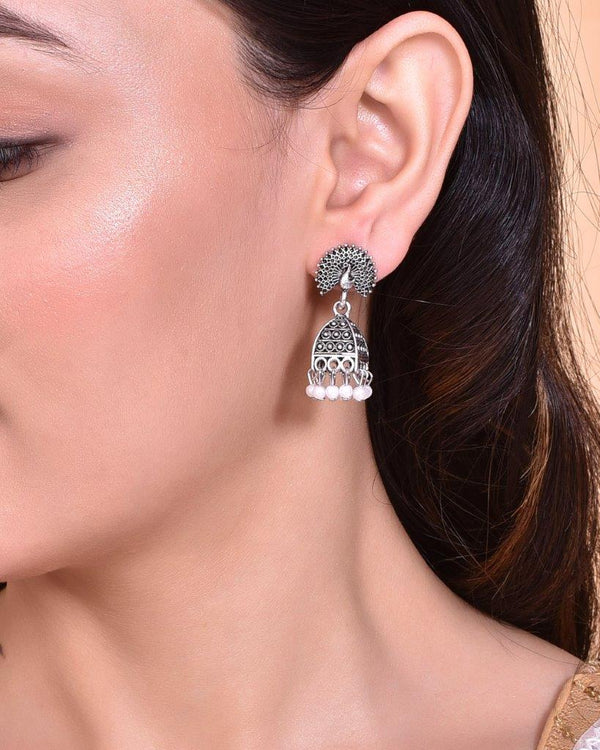 VOJ White Beads Studded Oxidised Silver Plated Contemporary Jhumka - Distacart