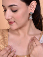 Thumbnail for VOJ White Beads Studded Oxidised Silver Plated Contemporary Jhumka - Distacart