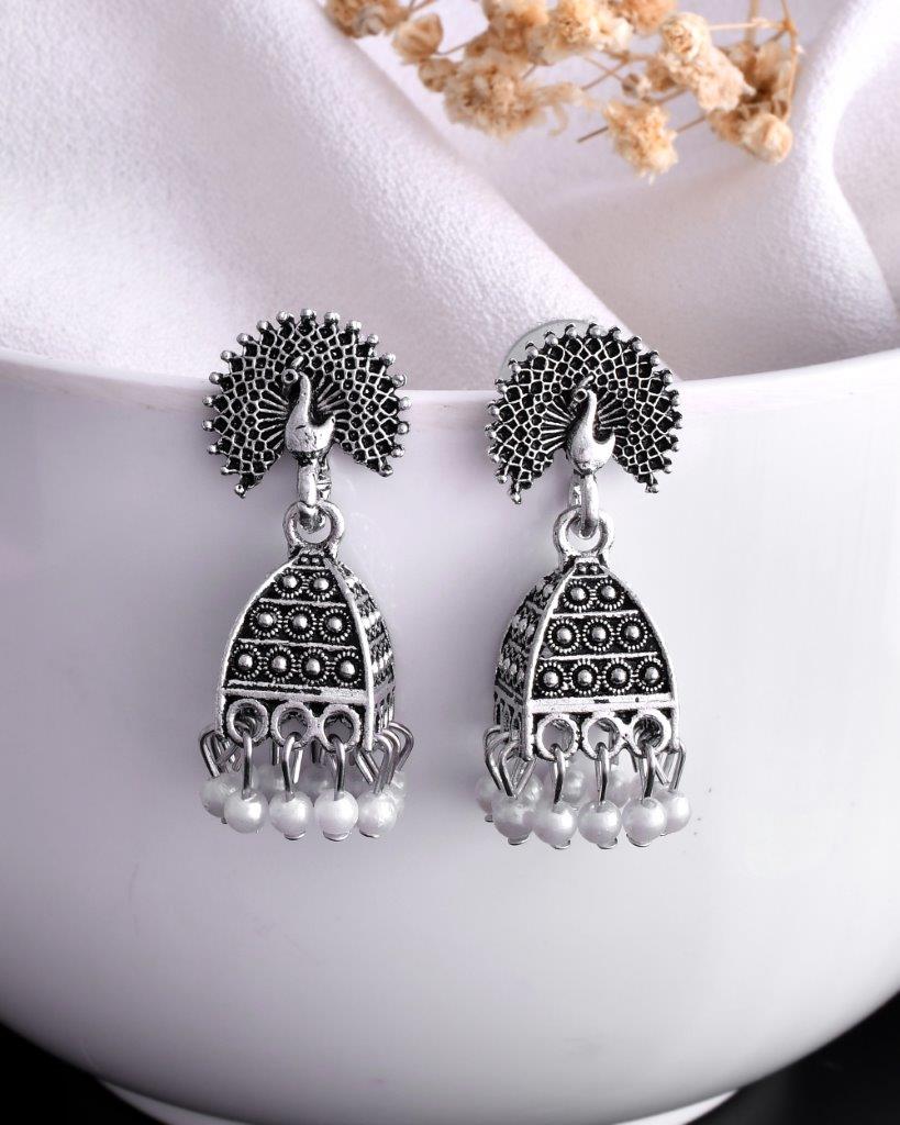 VOJ White Beads Studded Oxidised Silver Plated Contemporary Jhumka - Distacart