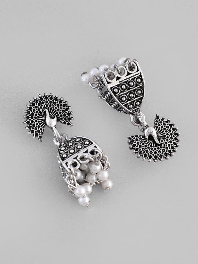 VOJ White Beads Studded Oxidised Silver Plated Contemporary Jhumka - Distacart