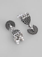 Thumbnail for VOJ White Beads Studded Oxidised Silver Plated Contemporary Jhumka - Distacart
