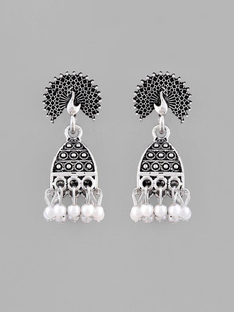 VOJ White Beads Studded Oxidised Silver Plated Contemporary Jhumka - Distacart