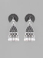 Thumbnail for VOJ White Beads Studded Oxidised Silver Plated Contemporary Jhumka - Distacart